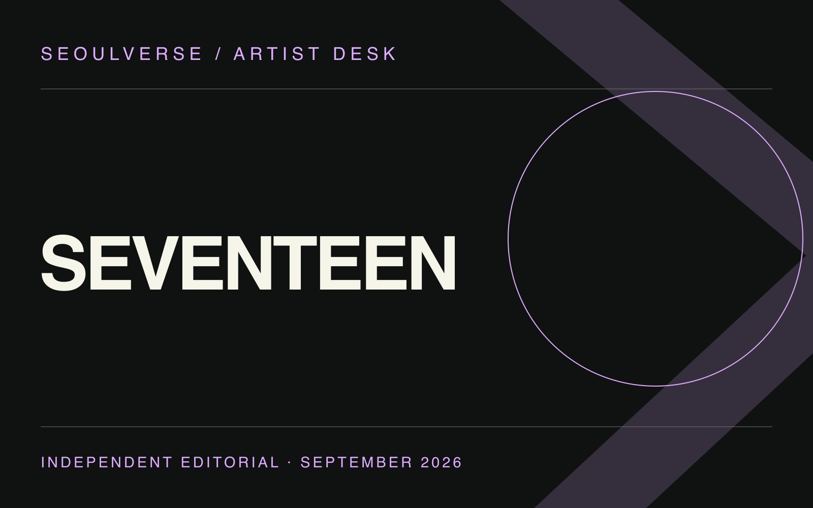 SEOULVERSE original typographic editorial cover reading SEVENTEEN; not an artist photograph or official artwork.