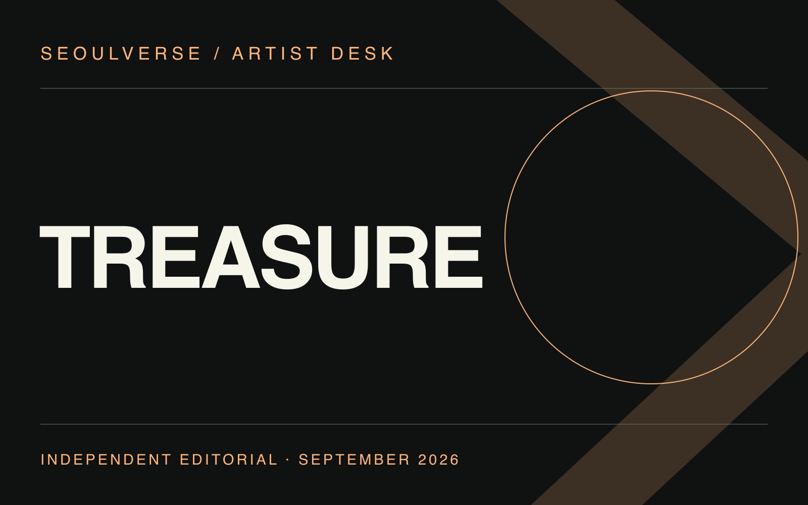 SEOULVERSE original typographic editorial cover reading TREASURE; not an artist photograph or official artwork.