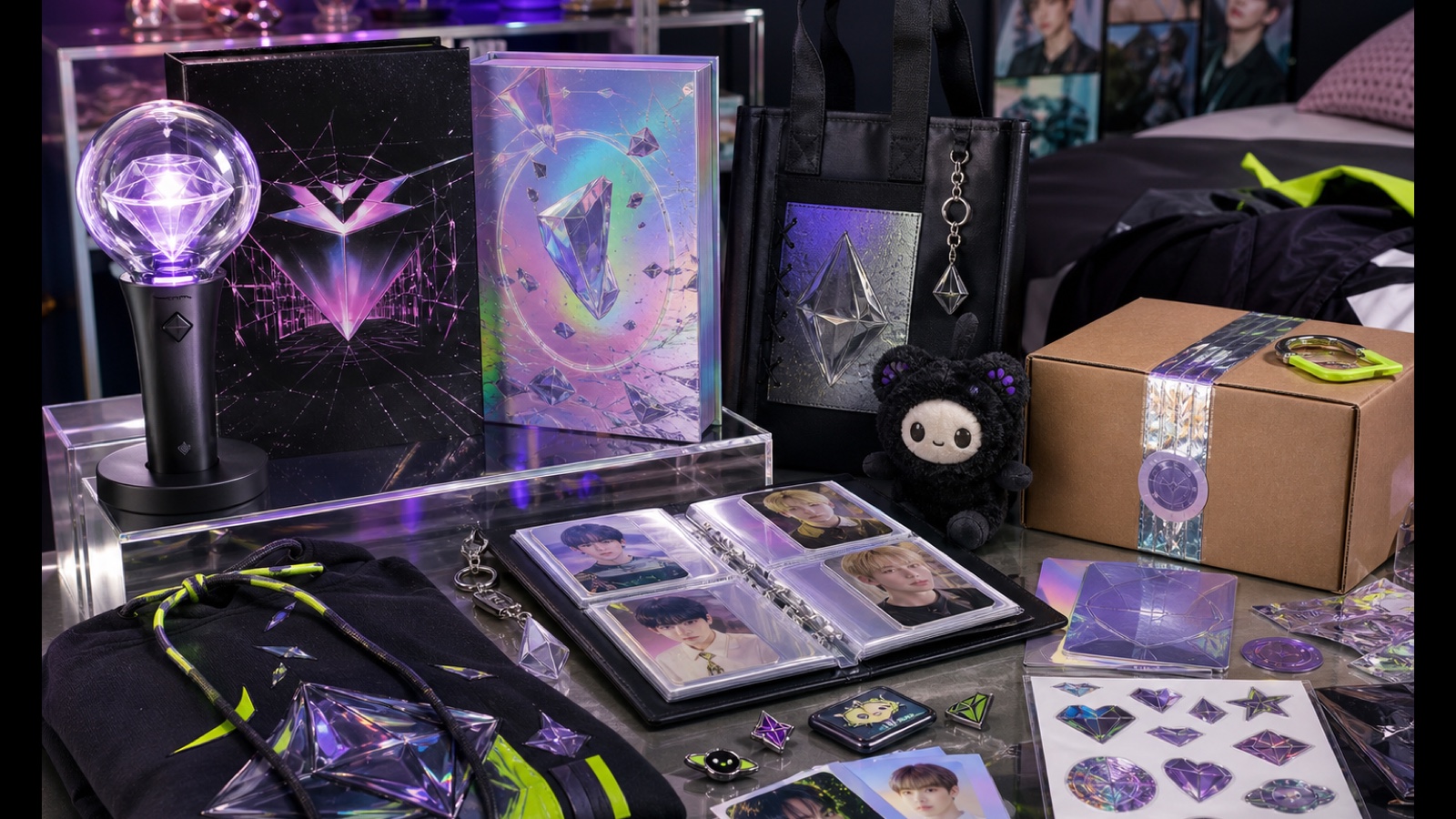 AI-generated full-bleed collection of unbranded K-pop light sticks, albums, photocards, apparel and fan accessories.