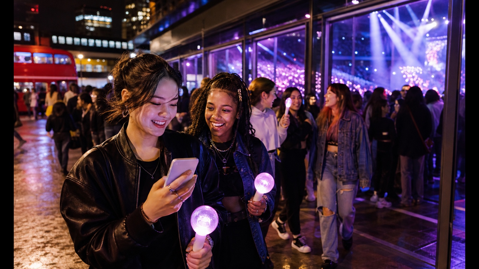 AI-generated editorial scene of two distinct K-pop fans checking their route after a rainy London concert.