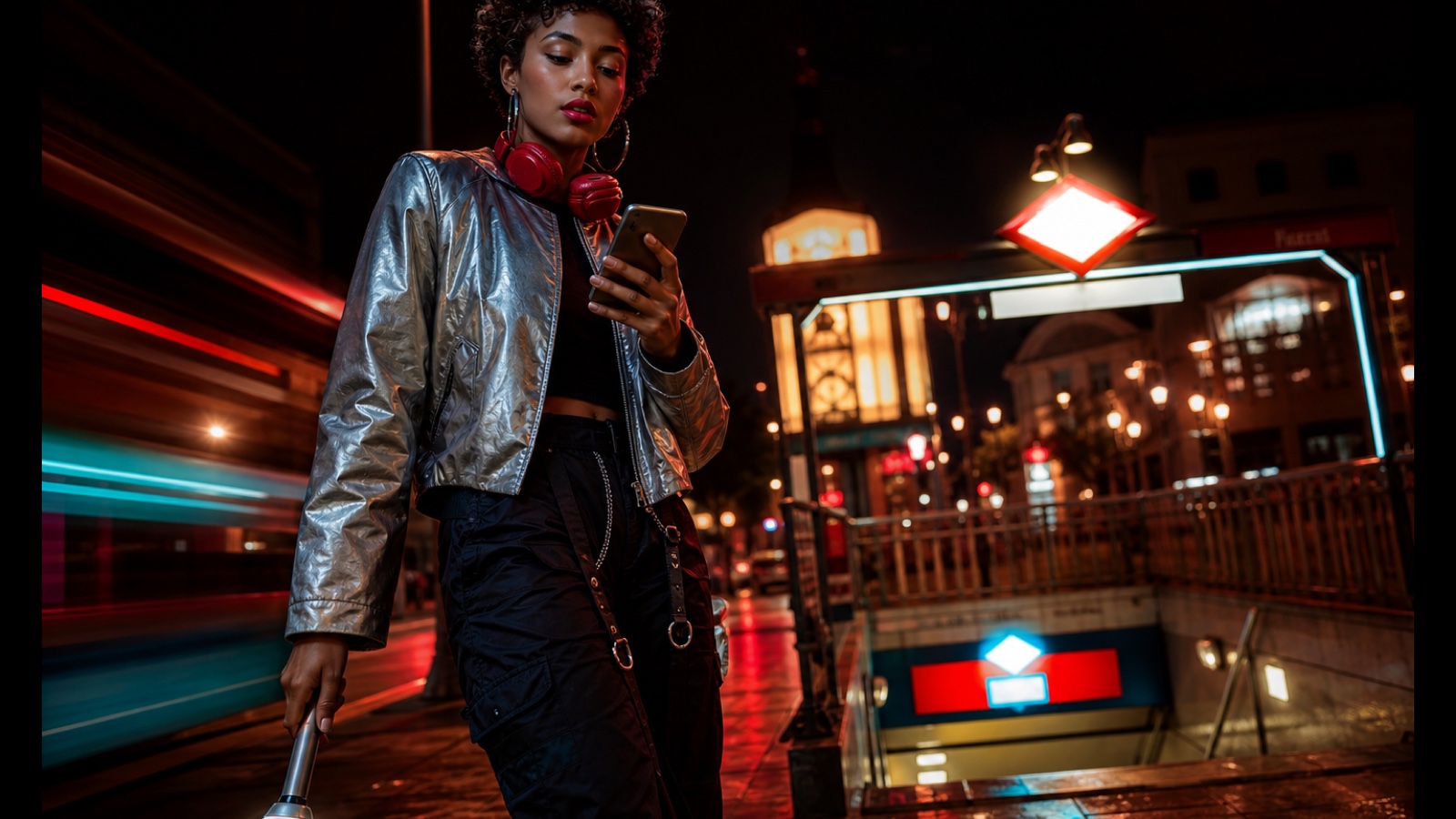 AI-generated editorial portrait of a K-pop fan checking a safe route beside a Madrid metro entrance at night.