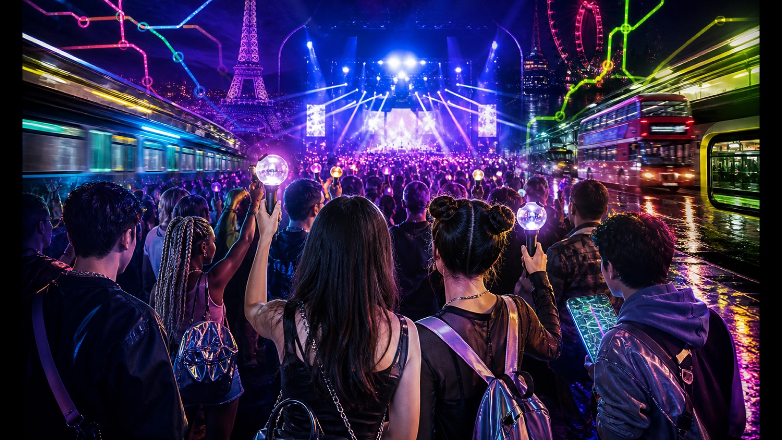 AI-generated Gen-Z editorial collage for planning K-pop concert nights in Paris and London.