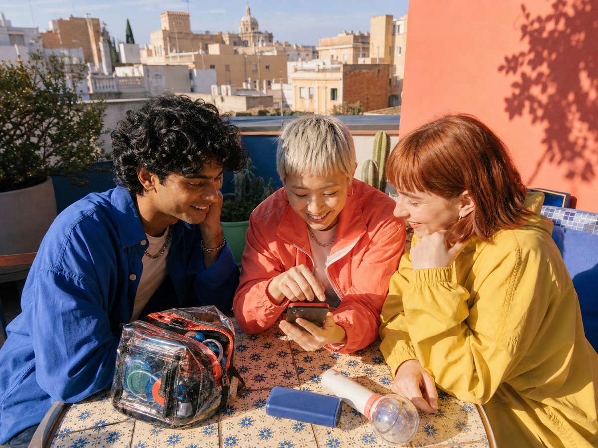 AI-generated editorial scene of three friends preparing for a K-pop concert on a sunny Barcelona rooftop.