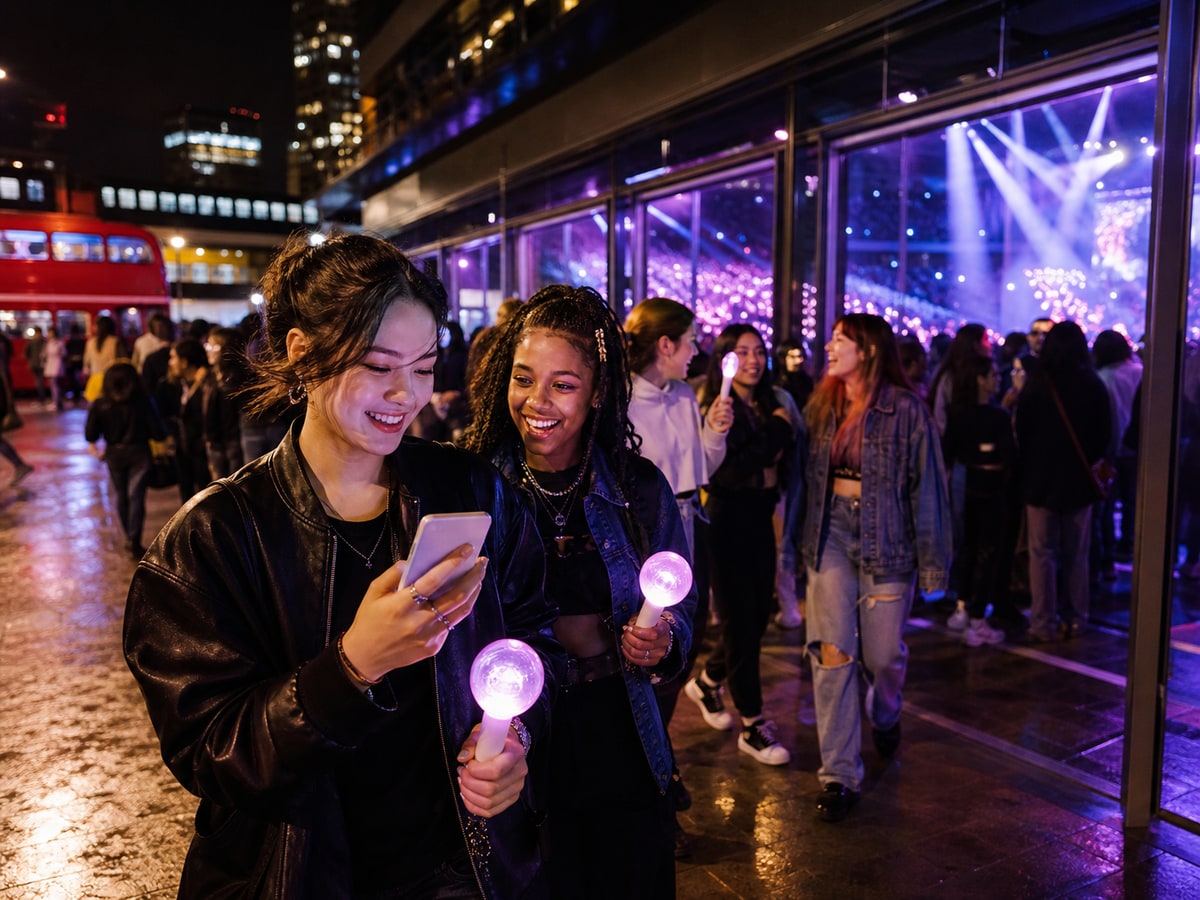AI-generated editorial scene of two distinct K-pop fans checking their route after a rainy London concert.