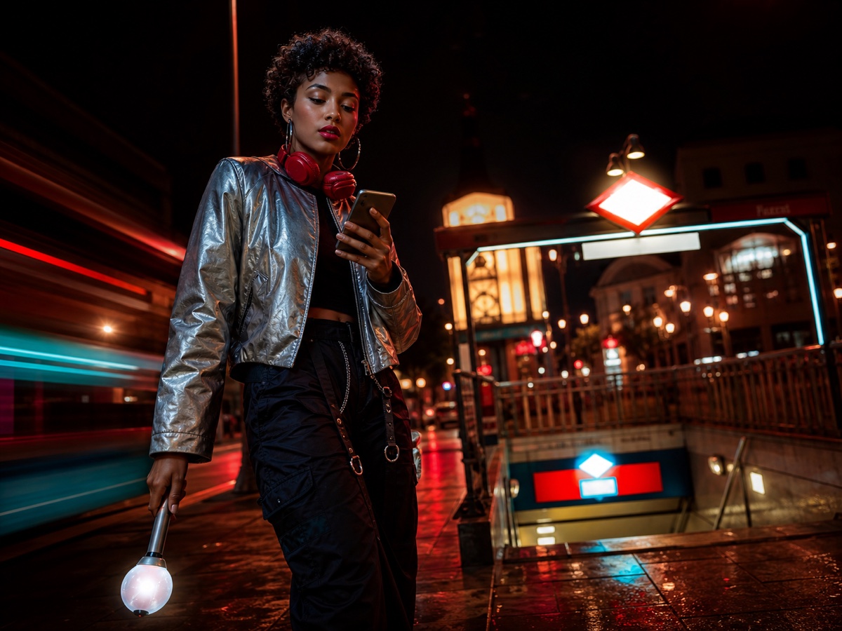 AI-generated editorial portrait of a K-pop fan checking a safe route beside a Madrid metro entrance at night.