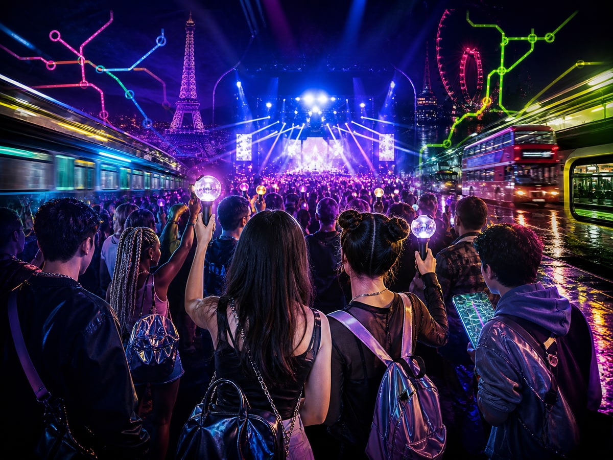 AI-generated Gen-Z editorial collage for planning K-pop concert nights in Paris and London.
