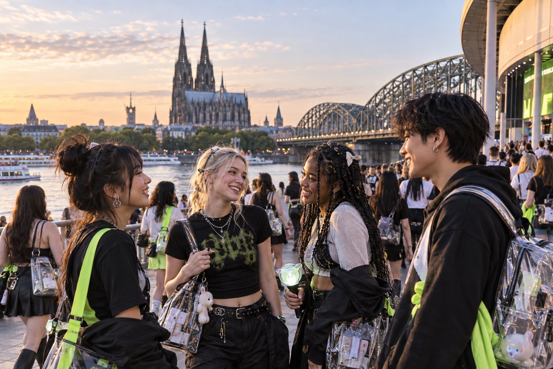 Gen Z K-pop fans meeting beside the Rhine before a Cologne concert.