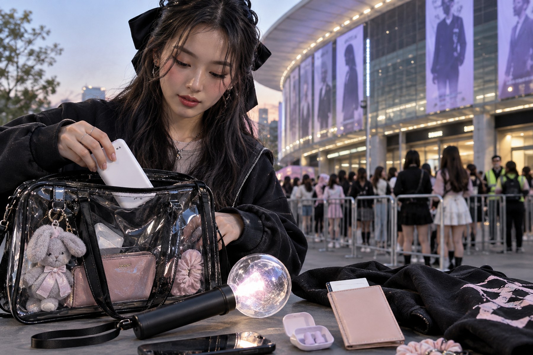 A K-pop fan preparing a clear concert bag, identification and entry essentials.