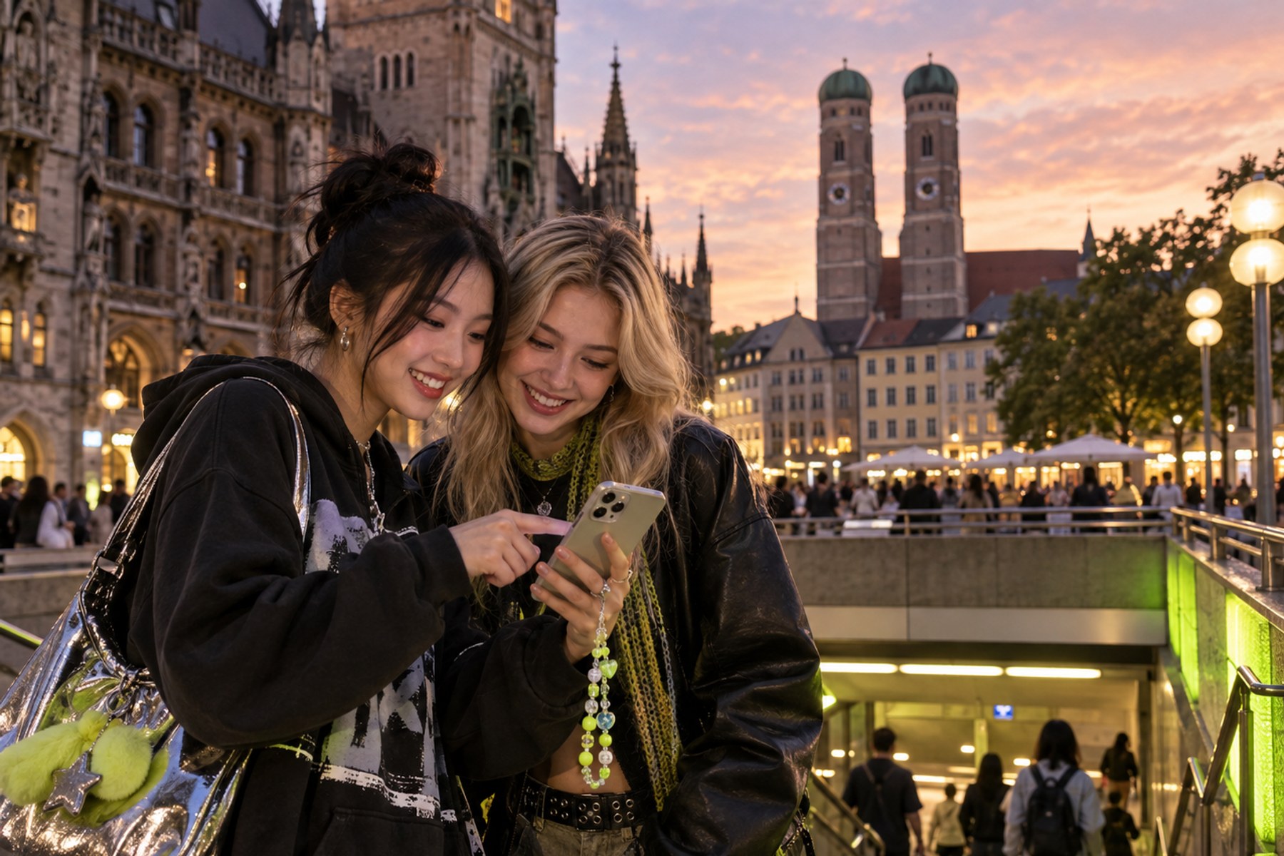 Gen Z K-pop fans checking a Munich concert route.