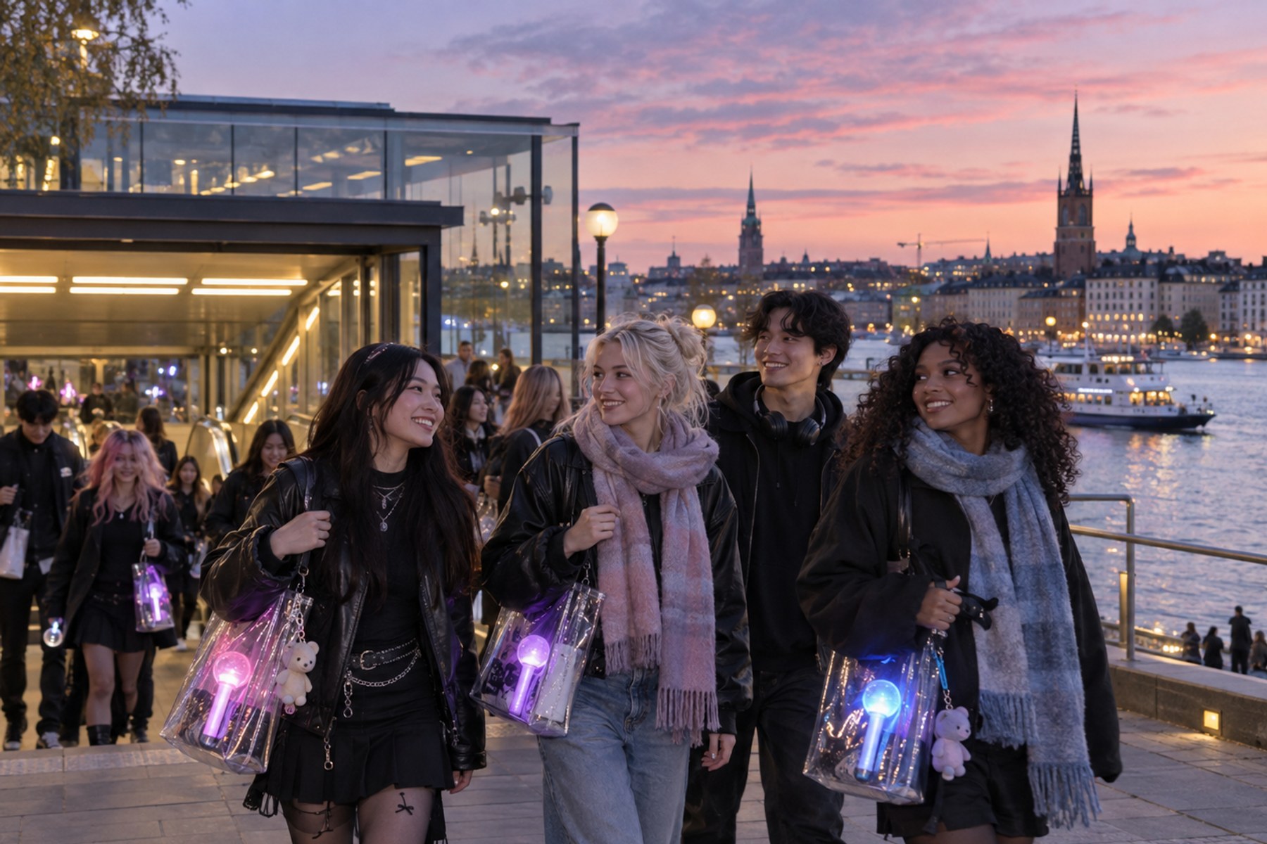 Gen Z K-pop fans travelling through Stockholm after a concert.