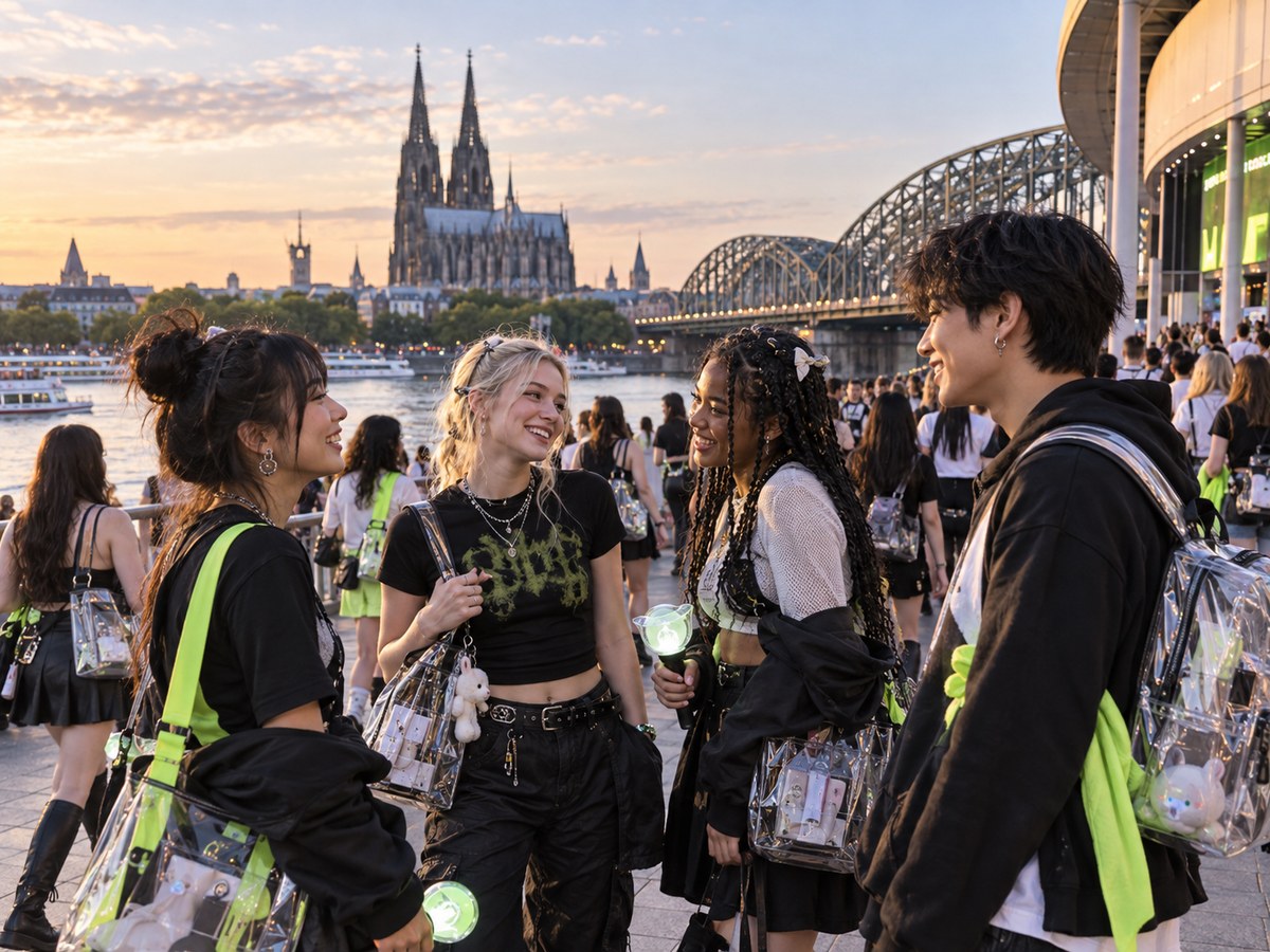 Gen Z K-pop fans meeting beside the Rhine before a Cologne concert.