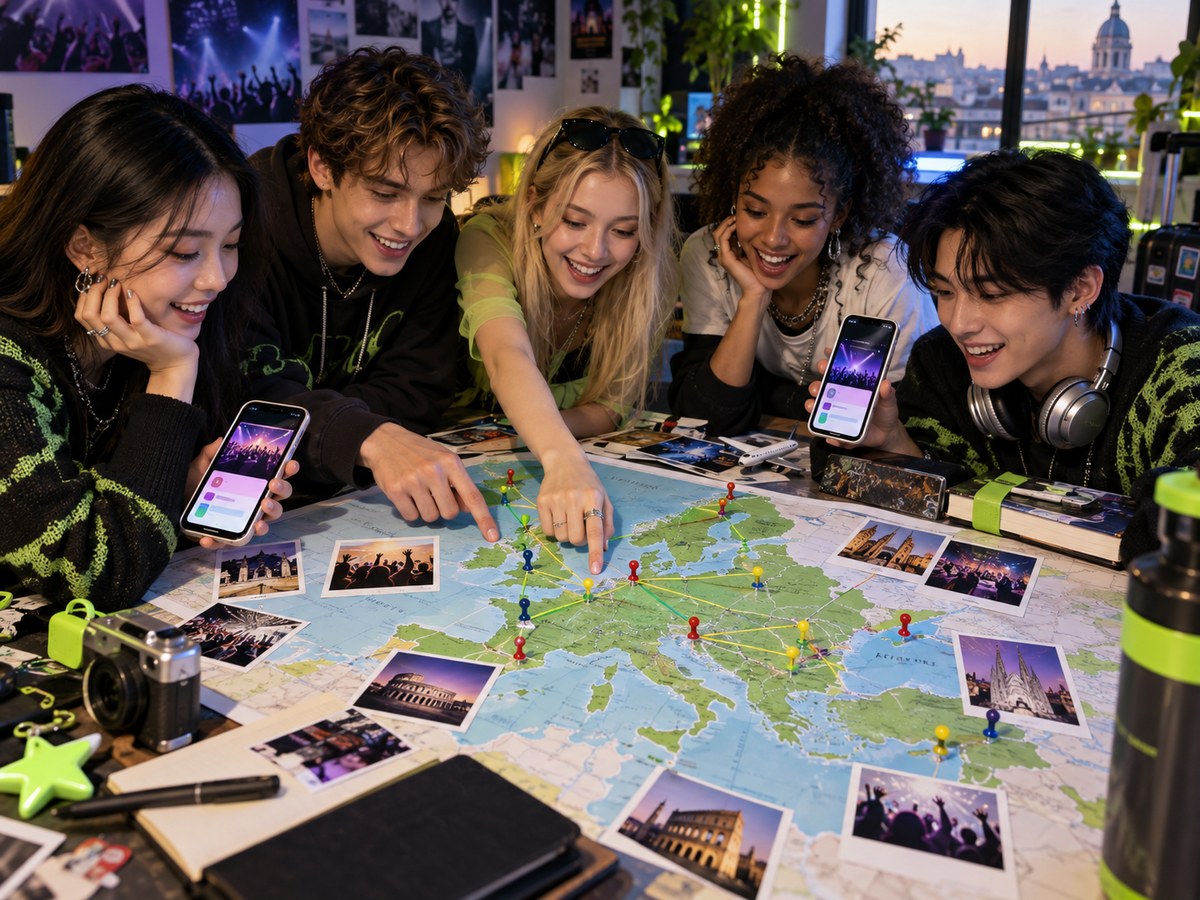Gen Z K-pop fans mapping concert destinations across Europe.
