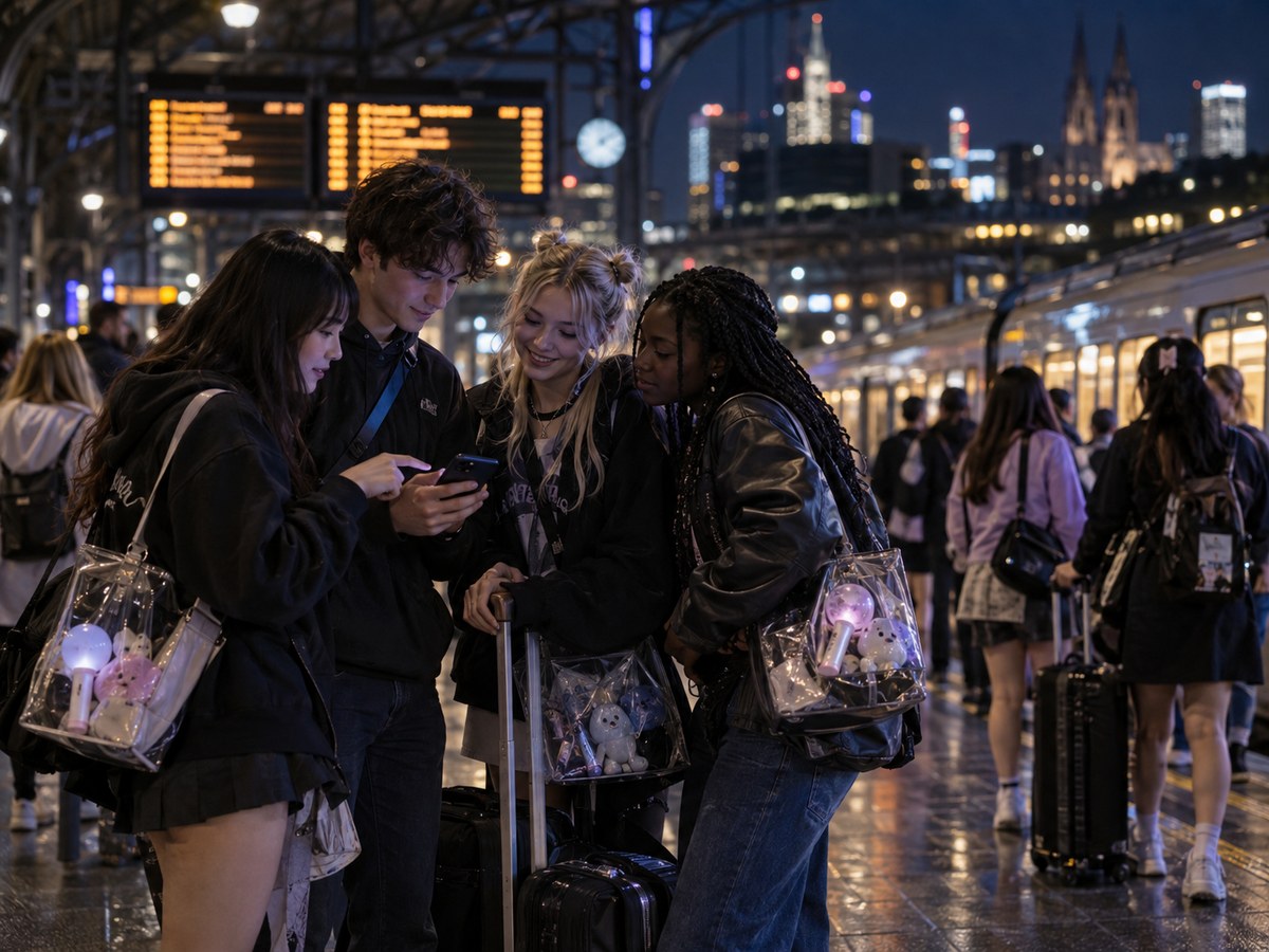K-pop fans checking late-night rail routes after a European concert.