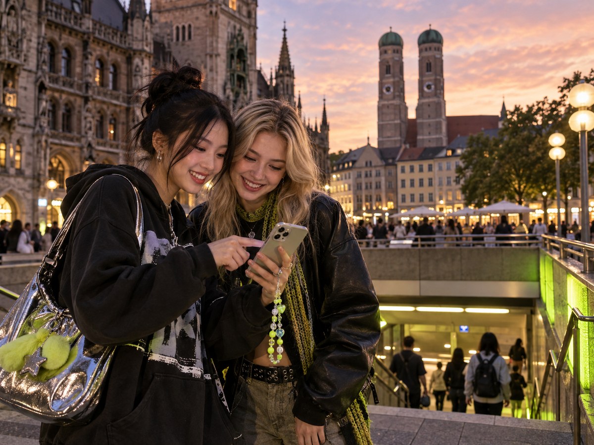 Gen Z K-pop fans checking a Munich concert route.
