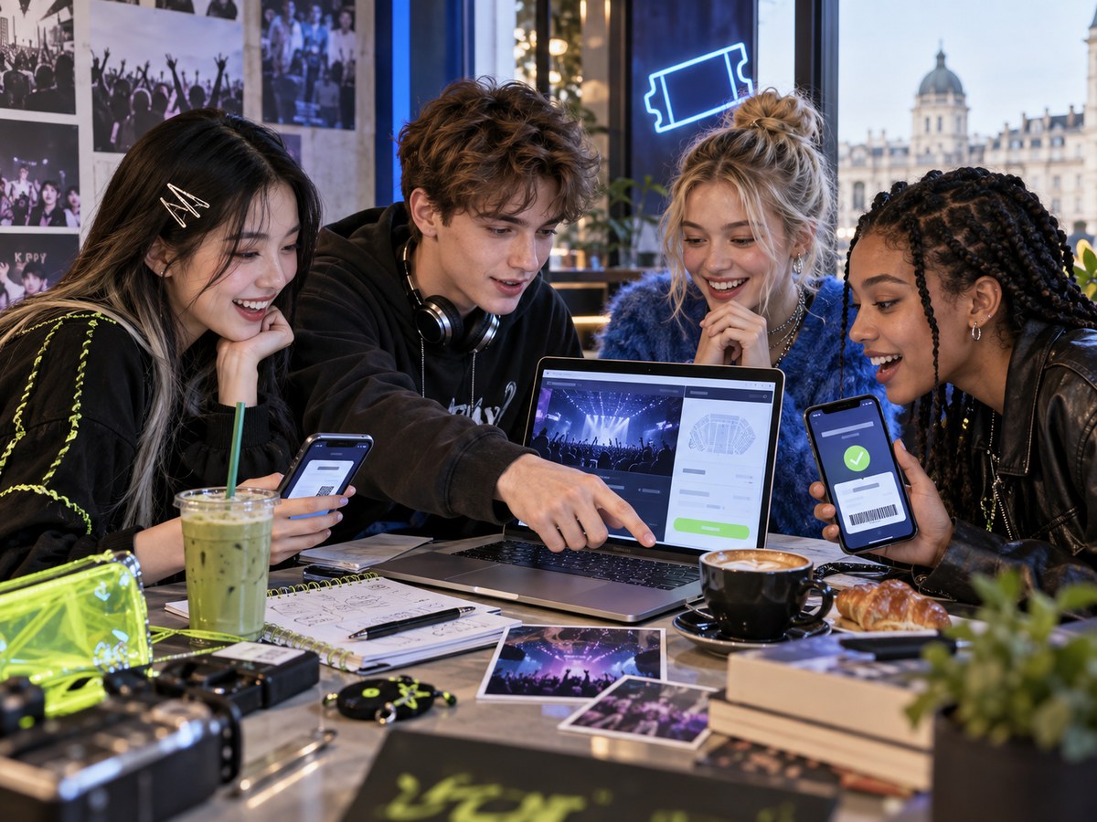 Diverse Gen Z K-pop fans checking official European concert tickets together.