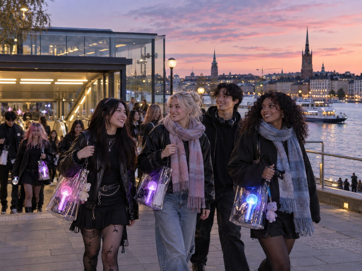 Gen Z K-pop fans travelling through Stockholm after a concert.