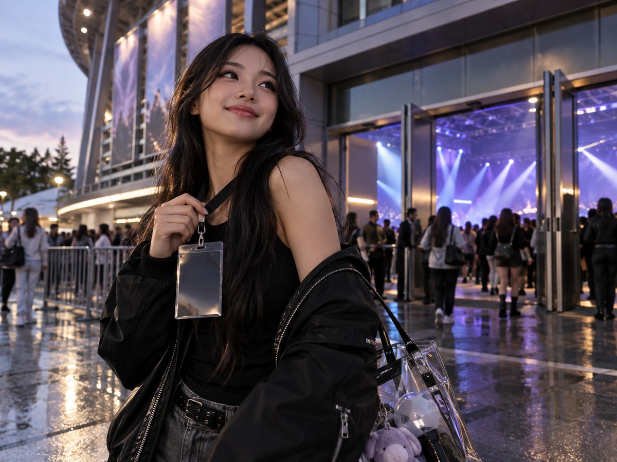 A K-pop fan arriving for a VIP soundcheck experience at an arena.