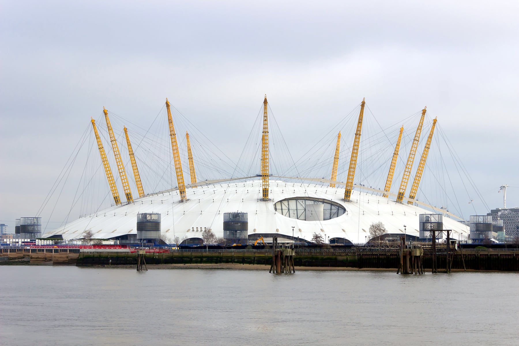 The O2 Arena exterior seen from across the Thames in London.