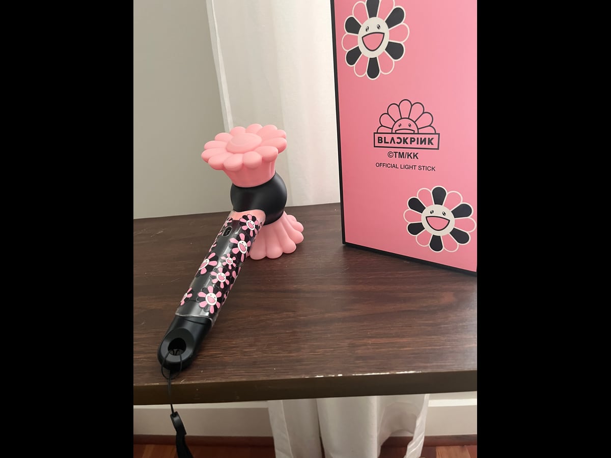 A BLACKPINK and Takashi Murakami light stick display photographed on 18 April 2024.