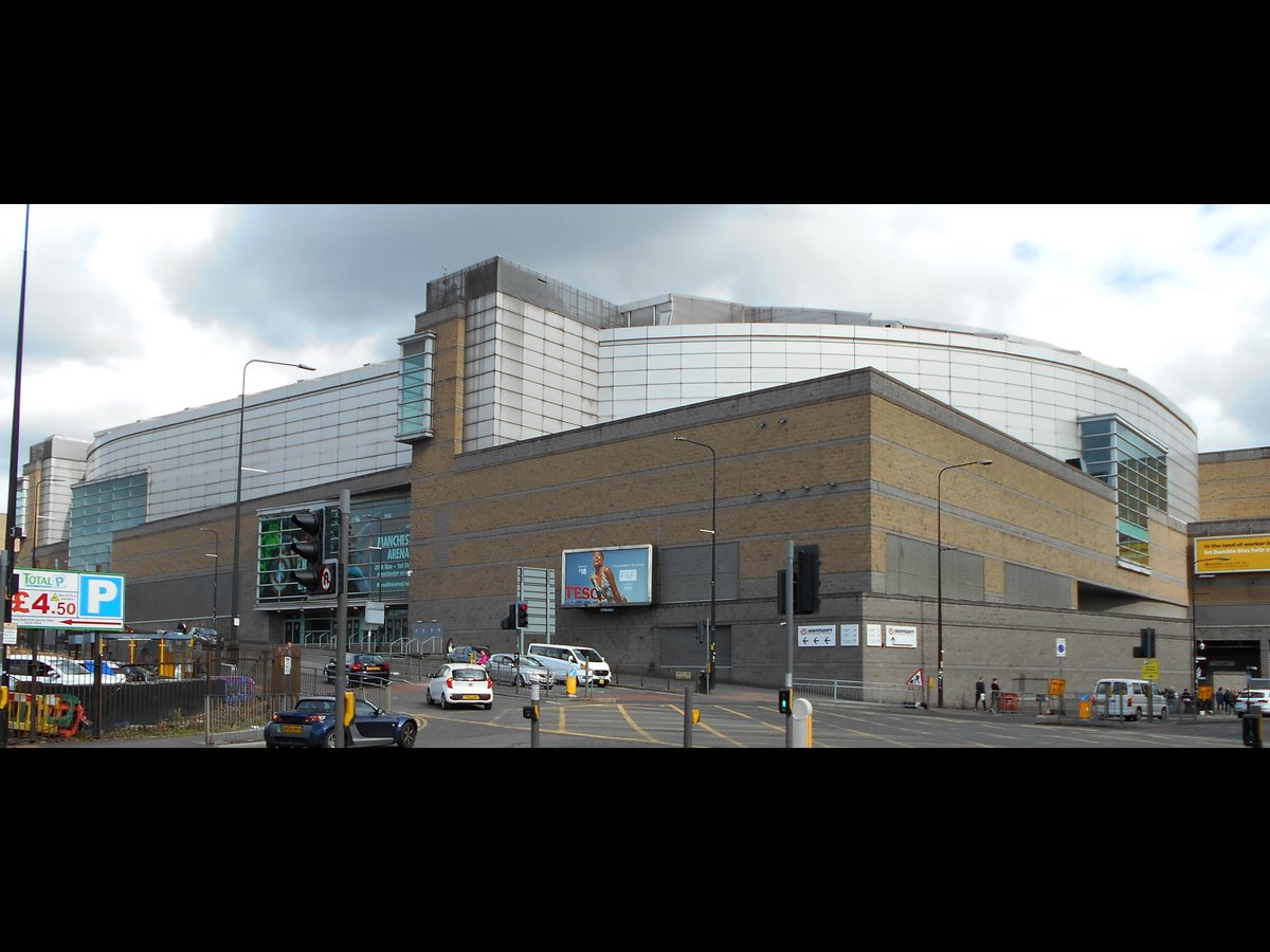 Manchester Arena exterior viewed from Trinity Way and Great Ducie Street