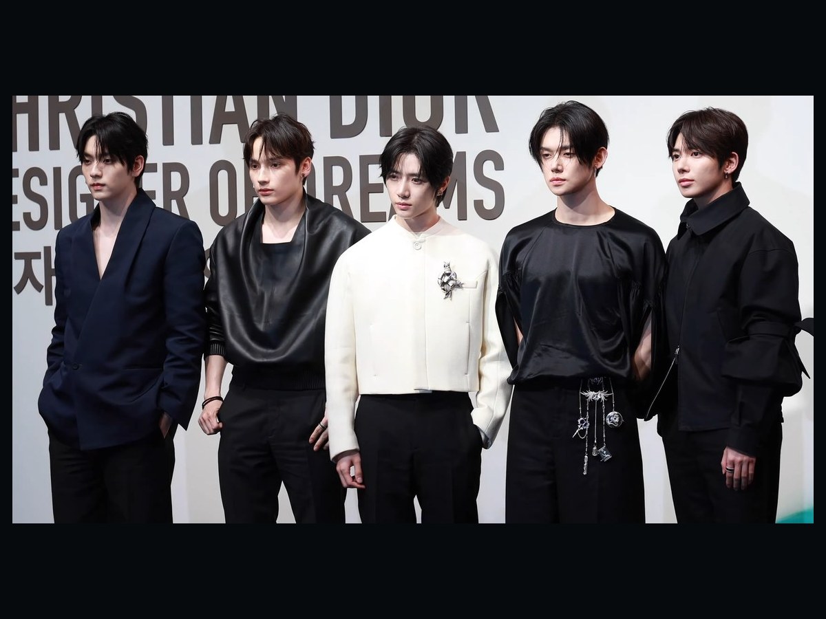 Archive image: TOMORROW X TOGETHER at a Dior event on April 18, 2025. This is not a photograph of the November 2026 STEAL THE WIND concerts.