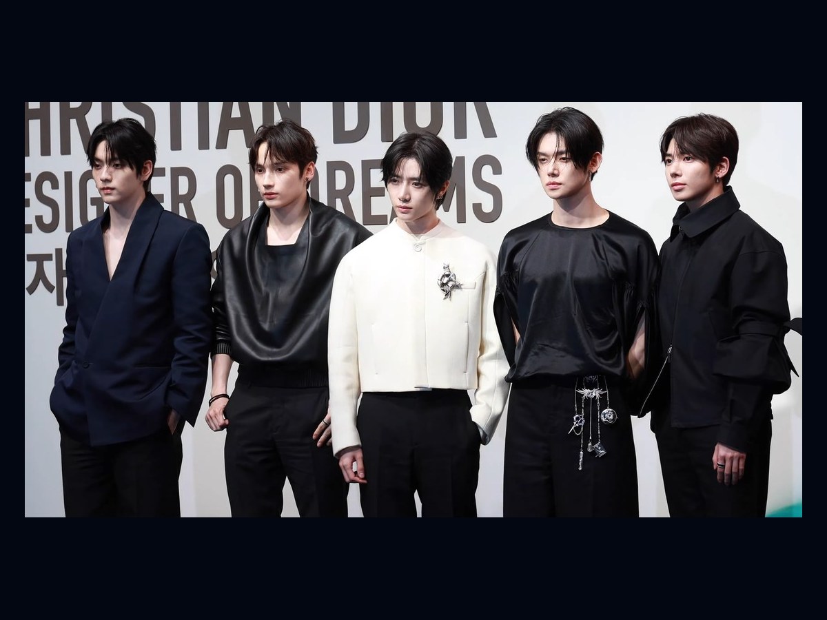 Archive image: TOMORROW X TOGETHER at a Dior event on April 18, 2025. This is not a photograph of the November 2026 STEAL THE WIND concerts.