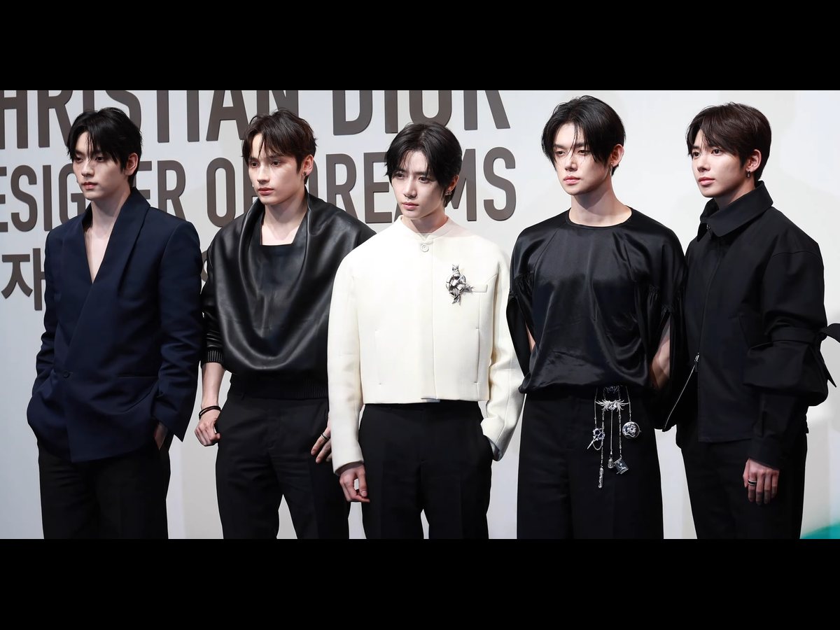 Archive image: TOMORROW X TOGETHER at a Dior event on April 18, 2025. This is not a photograph of the November 2026 STEAL THE WIND concerts.